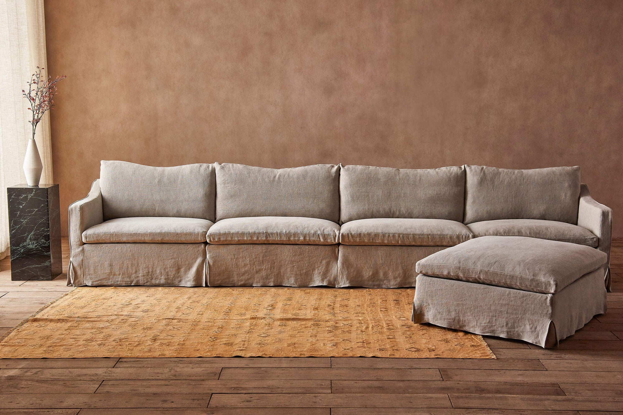 Amelia 5-piece Chaise Sectional Sofa in Jasmine Rice, a light warm greige Medium Weight Linen