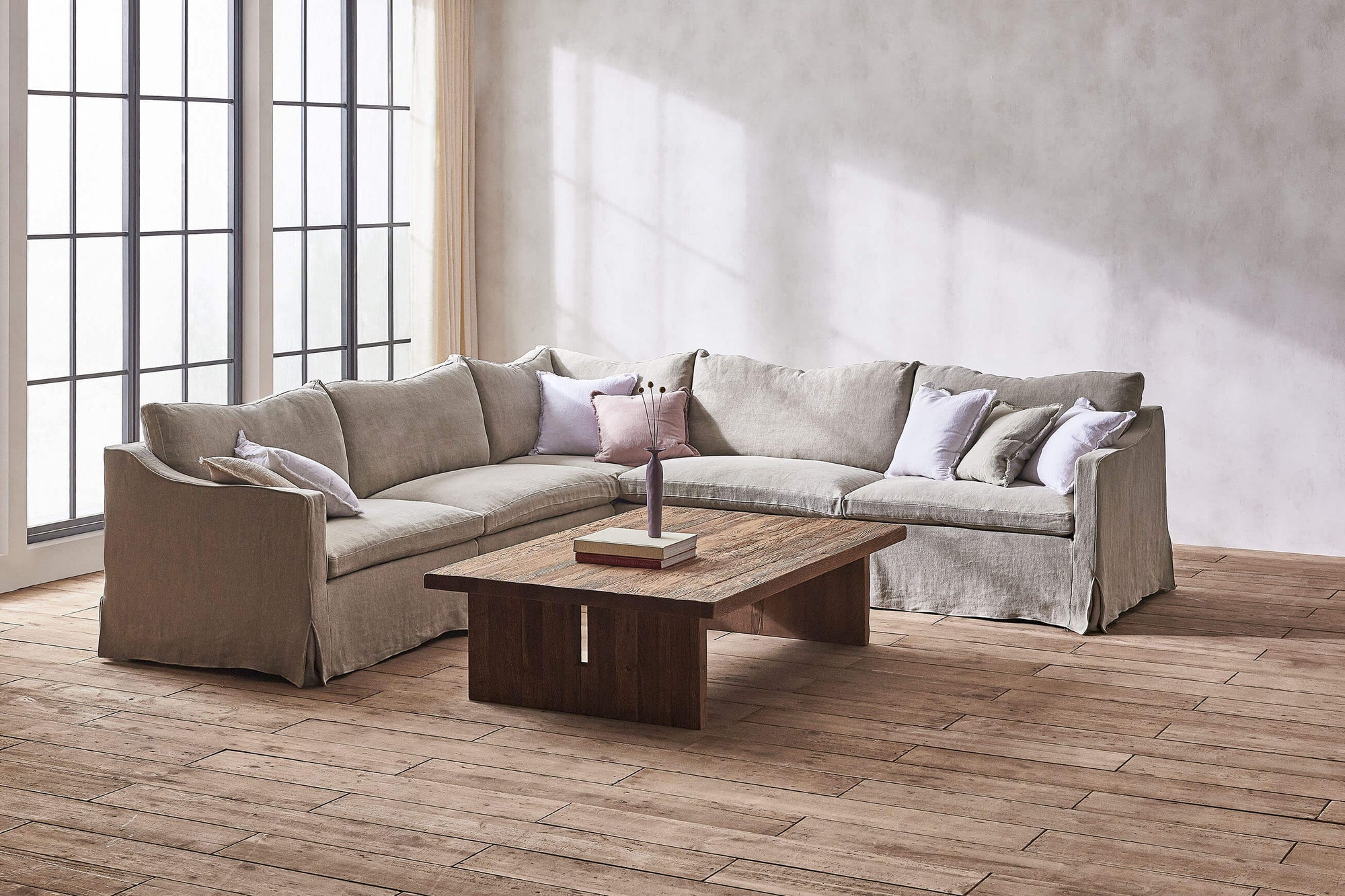 Amelia Corner Sectional Sofa in Jasmine Rice, a light warm greige Medium Weight Linen