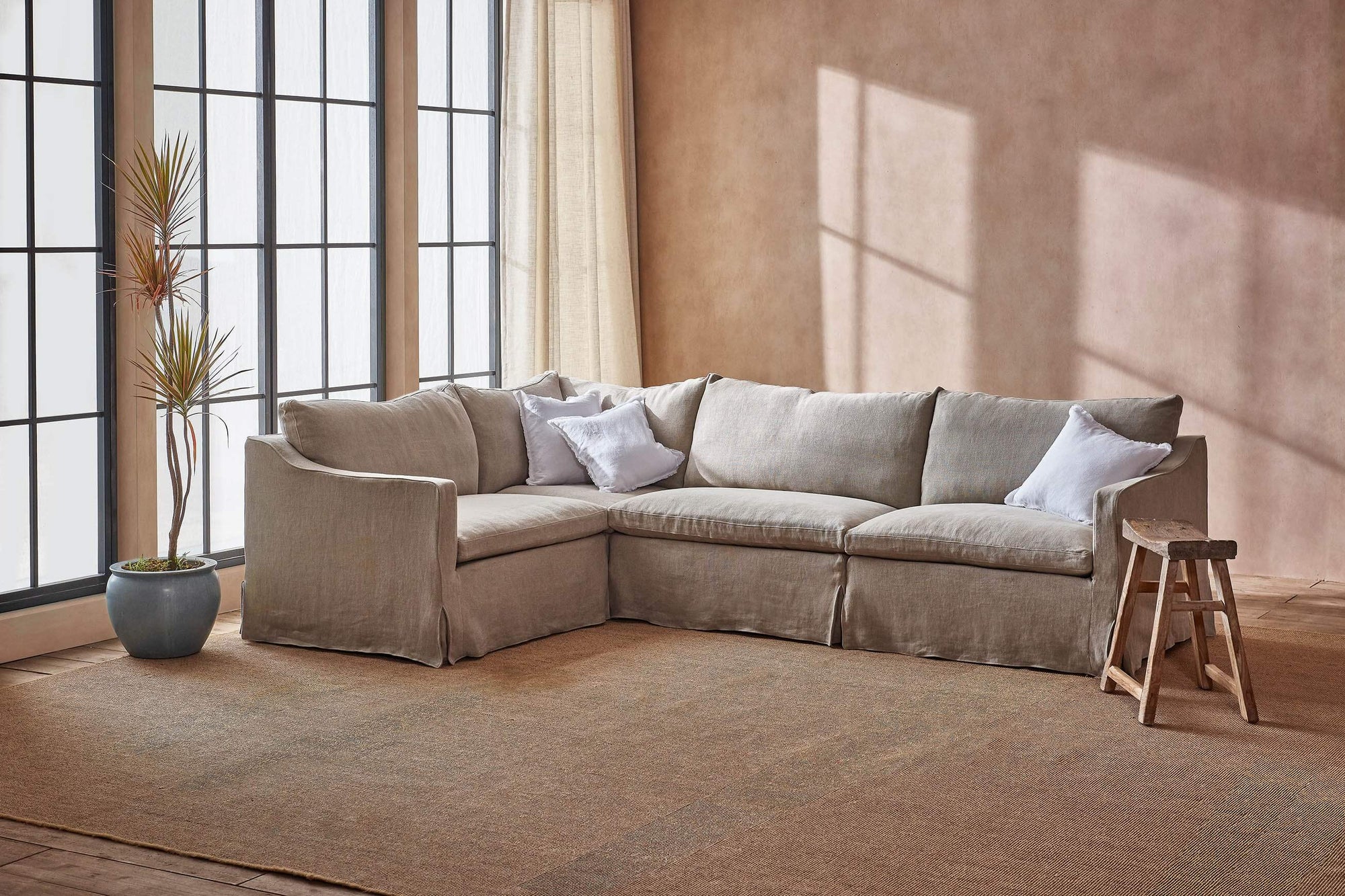 Amelia L-Shape Sectional Sofa in Jasmine Rice, a light warm greige Medium Weight Linen