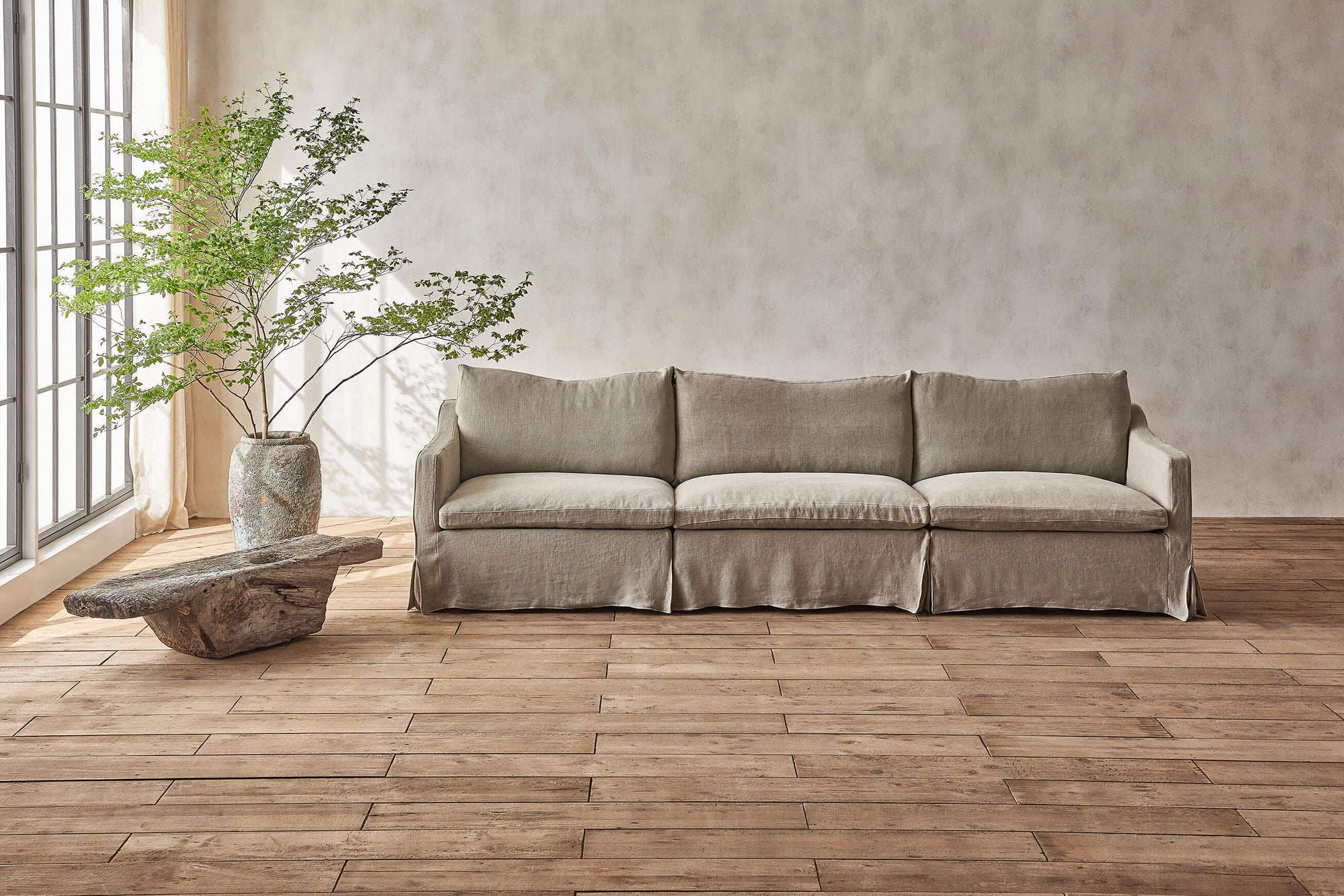 Amelia Sectional Sofa in Jasmine Rice, a light warm greige Medium Weight Linen