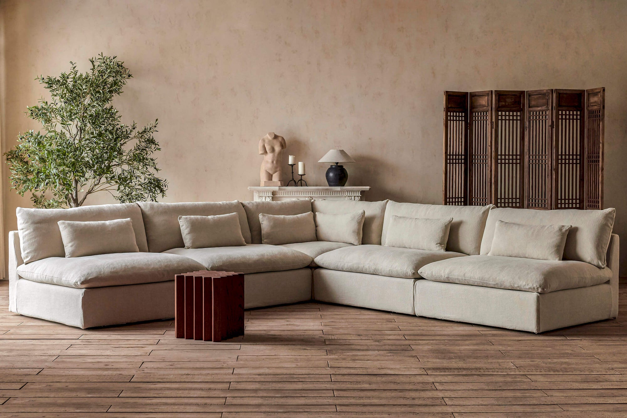 Aria Grande Corner Sectional Sofa in Warm Oatmeal, a light warm beige Medium Weight Linen