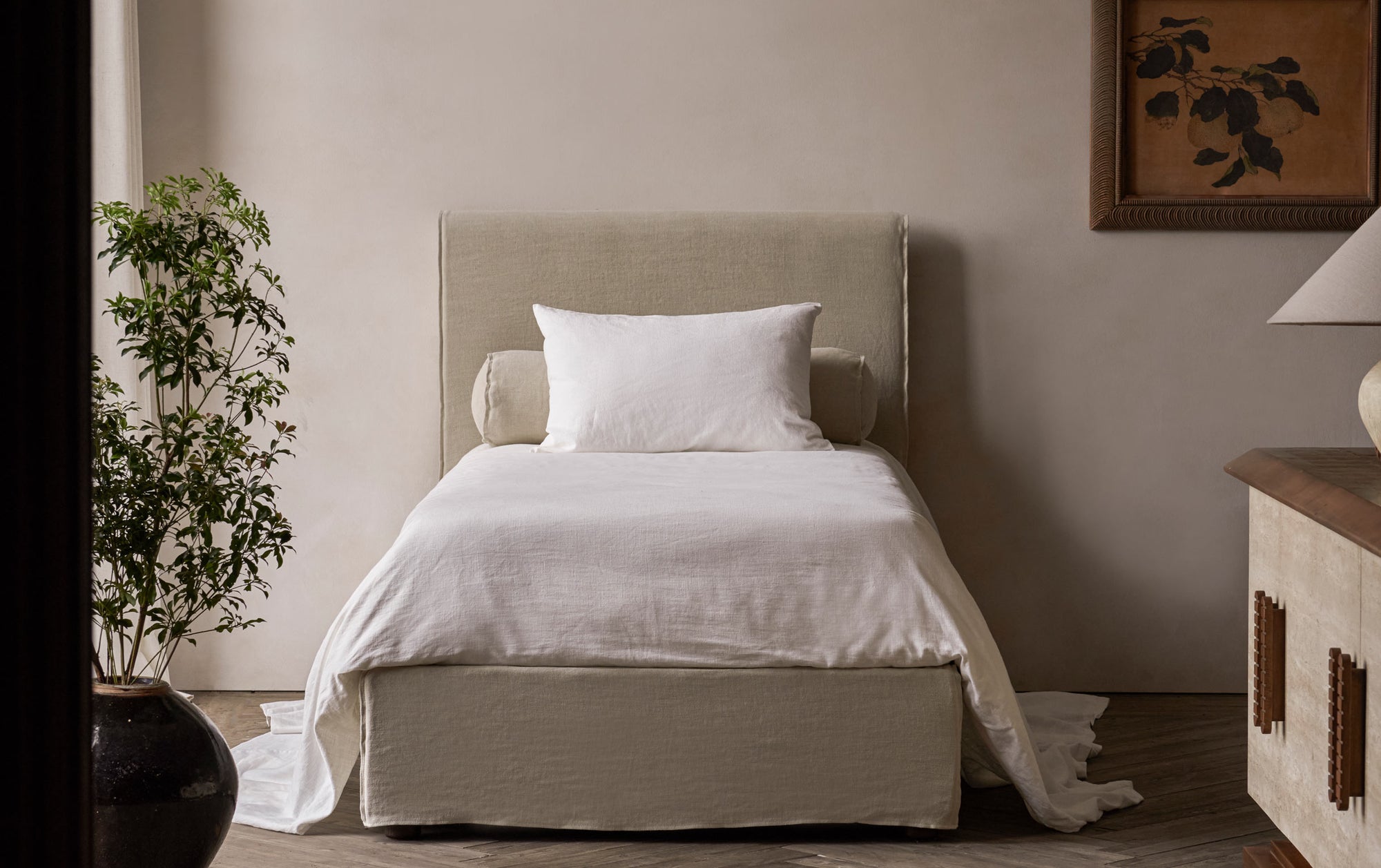 Camino Bed in Warm Oatmeal, a light warm beige Medium Weight Linen