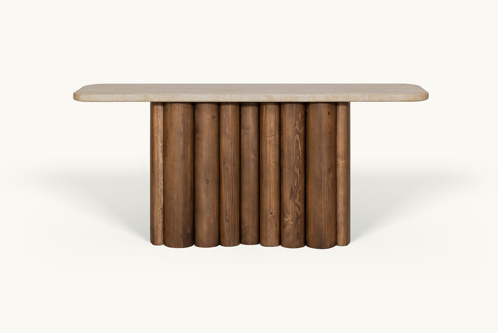 Enzo Console Table in Turkish Galata Travertine in a warm beige with gold and pink undertones. Various veining, color variations, and pitting throughout. Table base made from 100% Reclaimed Chinese Pine.
