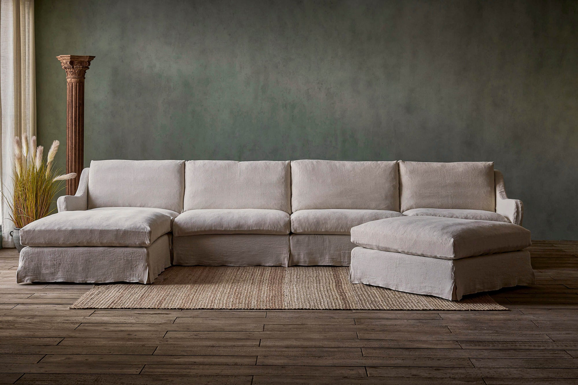 Esmé U-Shape Sectional Sofa in Corn Silk, a light beige Washed Cotton Linen