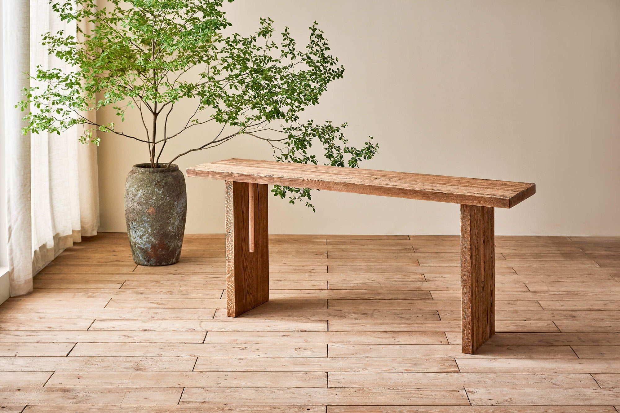 Kai Console Table in 100% Reclaimed Austrian Heritage Oak, a medium bosc pear shade with earthy undertones, placed next to a large window and a potted tree