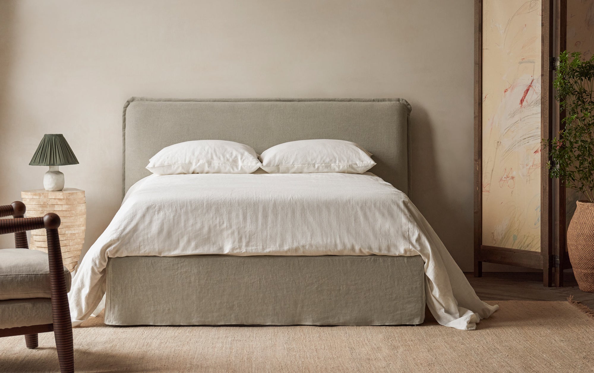 Neva Bed in Jasmine Rice, a light warm greige Medium Weight Linen