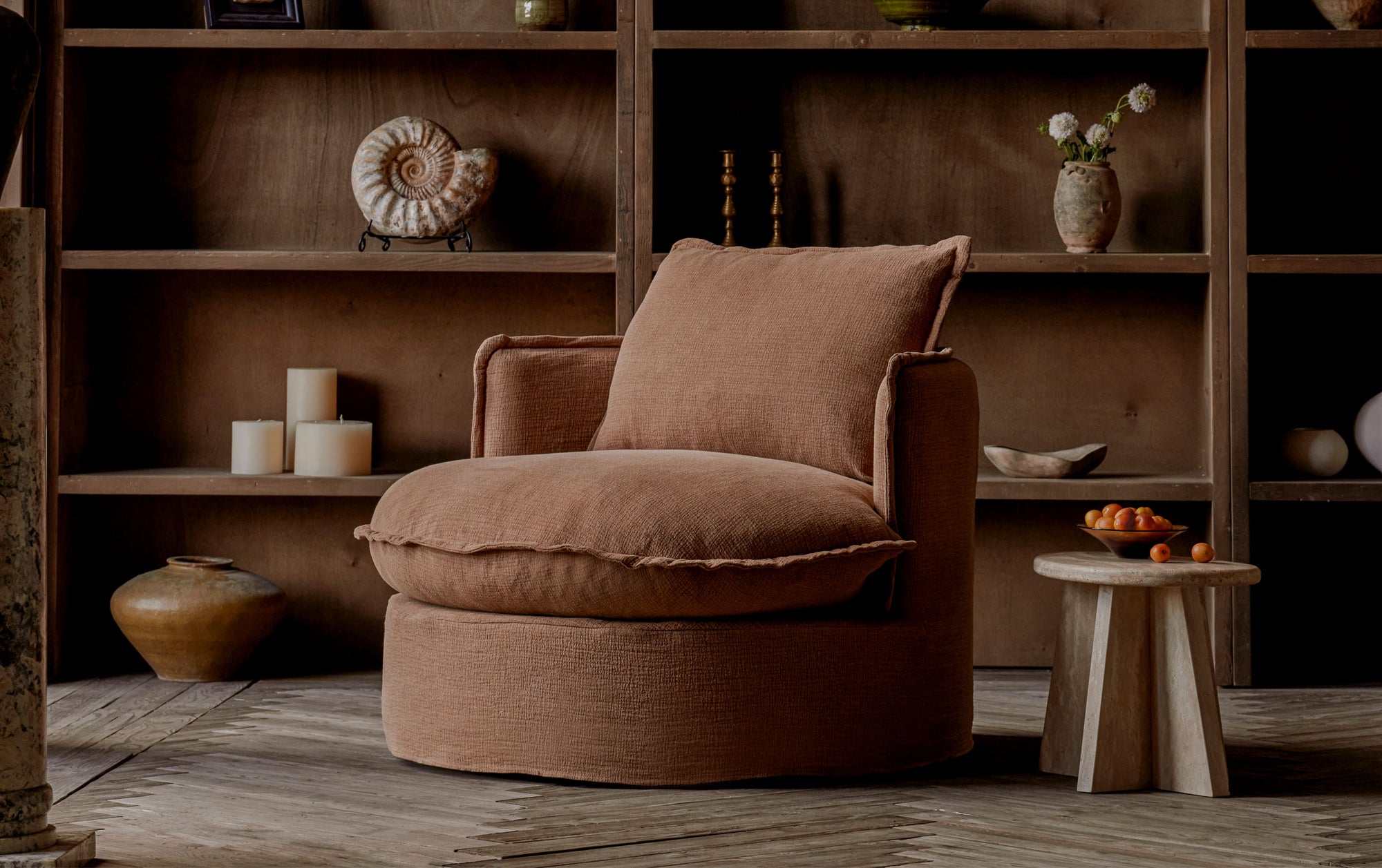 Neva Round Swivel Chair in Sweet Potato, a copper brown Washed Cotton Linen