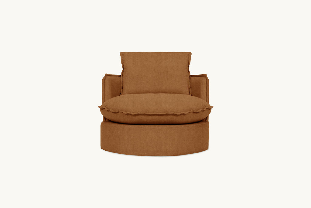 Neva Round Swivel Chair in Sweet Potato, a copper brown Washed Cotton Linen