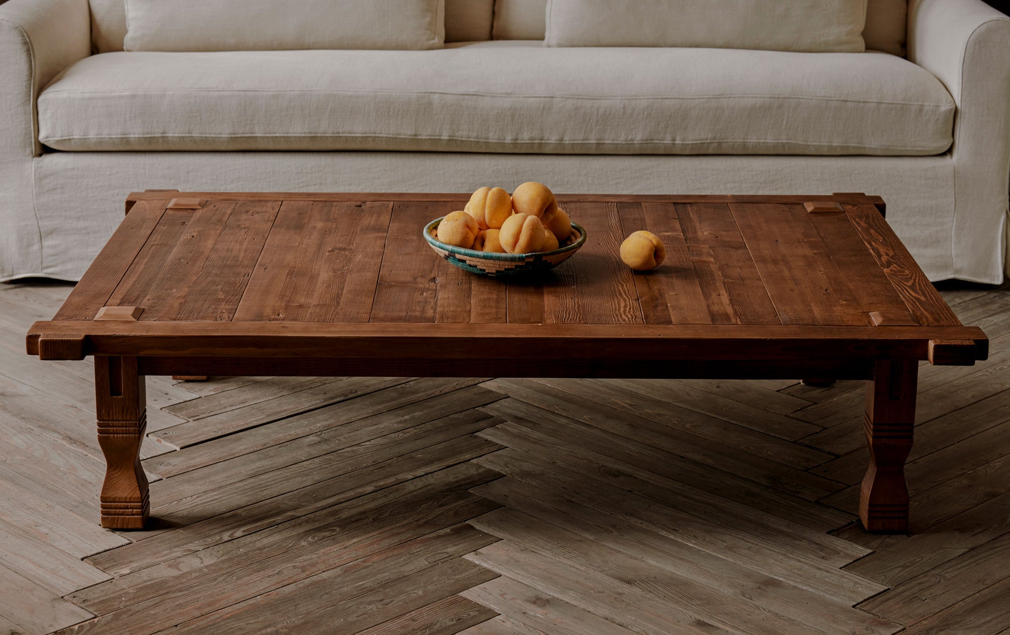 Ora Coffee Table in 100% Reclaimed Chinese Heritage Pine, a medium, bosc pear shade with earthy undertones