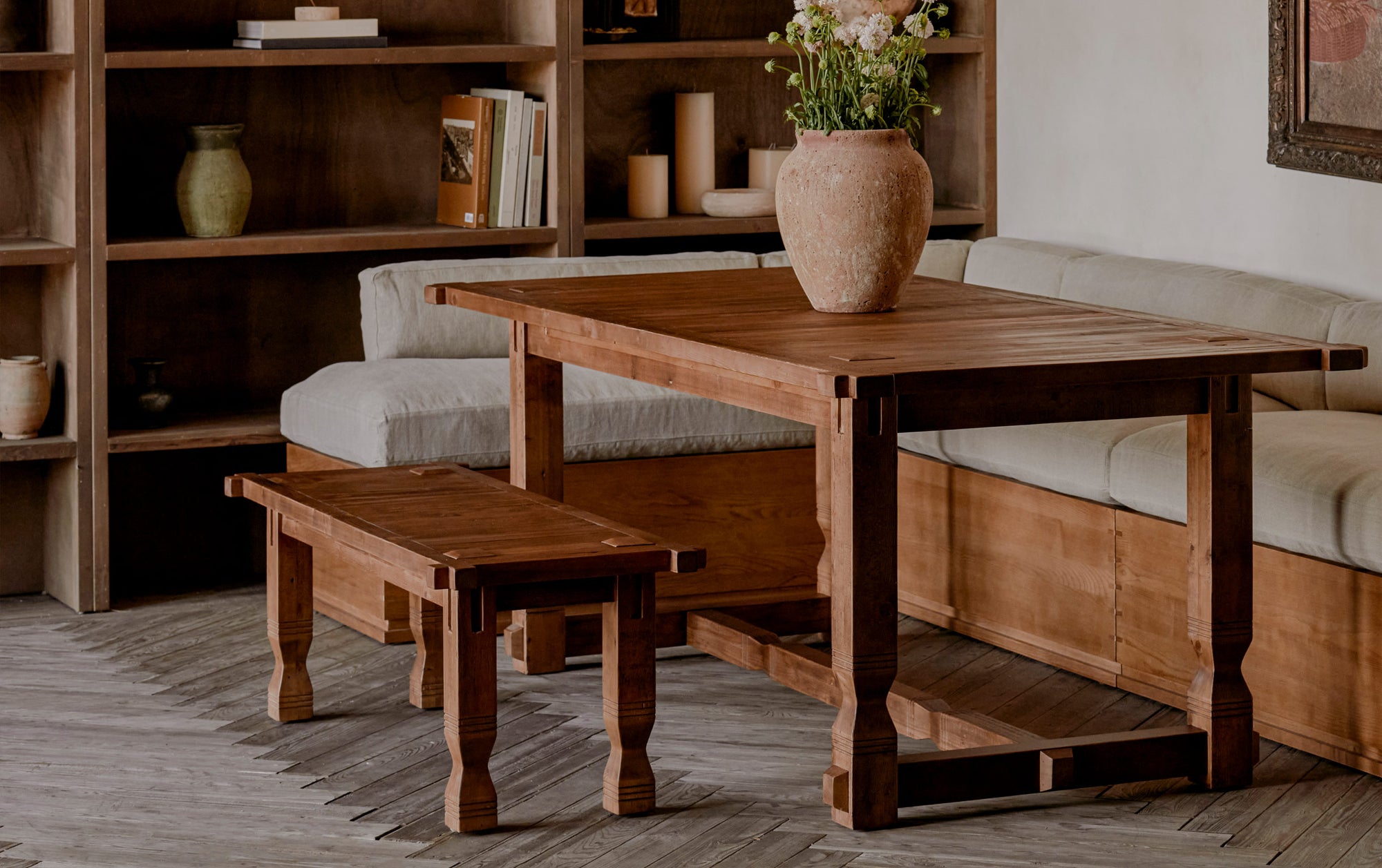 Ora Dining Bench in 100% Reclaimed Chinese Heritage Pine, a medium, bosc pear shade with earthy undertones