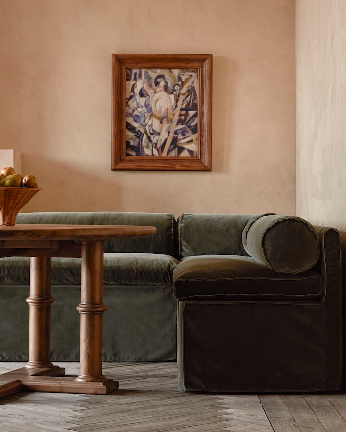 Camino Banquette in Midnight Nori, a deep, earthy, and ashy green Washed Cotton Velvet