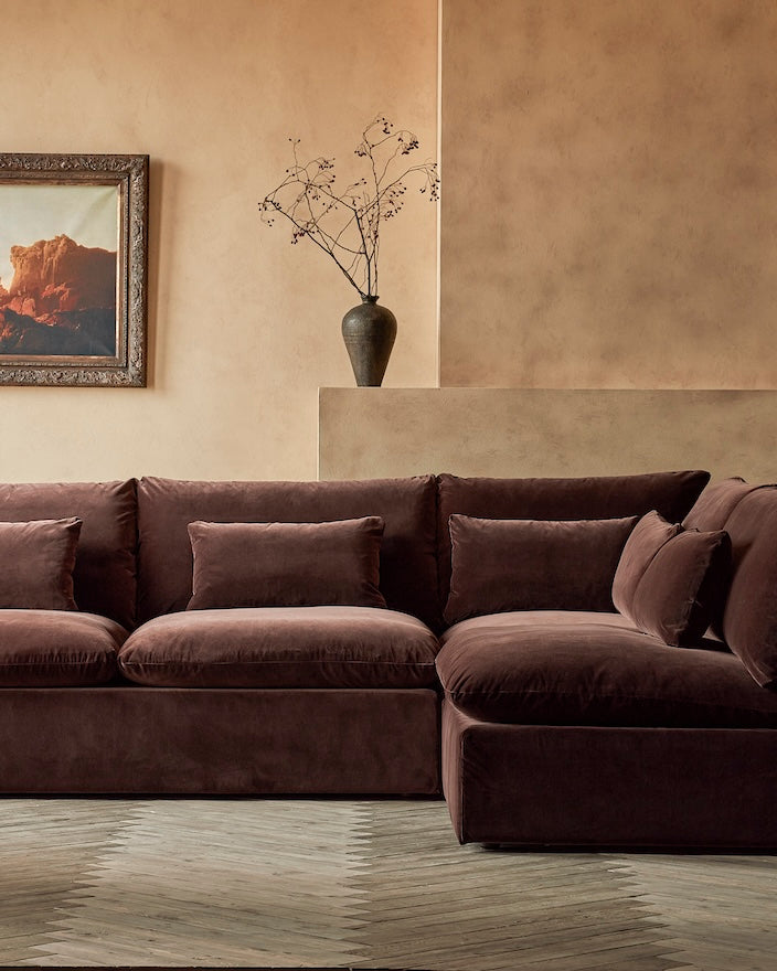 Aria L-Shape Sectional in Semi Sweet, a rich, dark chocolate brown Washed Cotton Velvet
