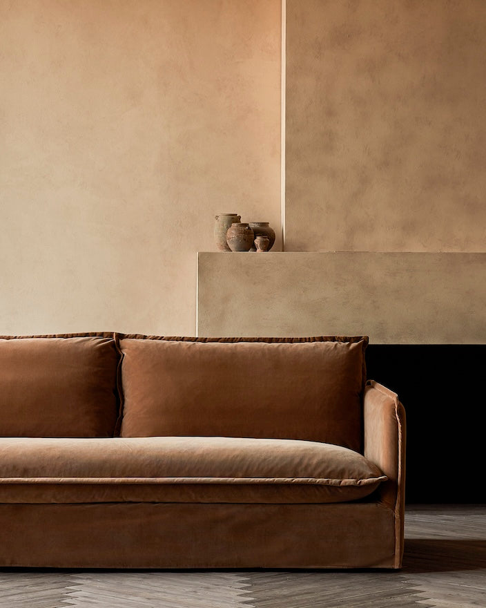 Neva Sofa in Sugar Rush, a luscious caramel Washed Cotton Velvet