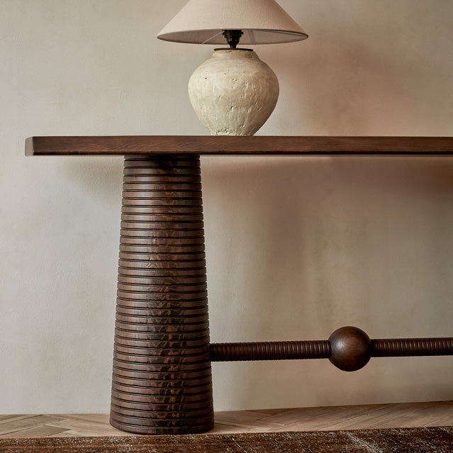 Close up of Zenia Console Table in Dusky Pine, a deep, rich, molasses-colored 100% Chinese pine