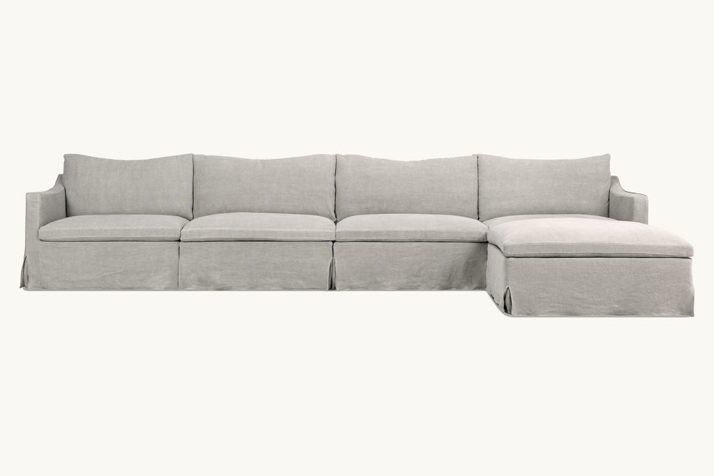 Amelia 5-piece Chaise Sectional Sofa in Jasmine Rice, a light warm greige Medium Weight Linen