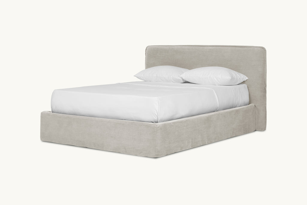 Neva Queen Bed in Jasmine Rice, a light warm greige Medium Weight Linen