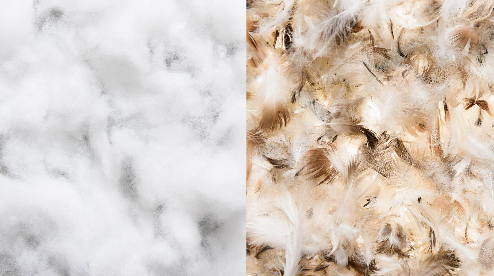 Side-by-side close up images of poly fiber filling and feather down
