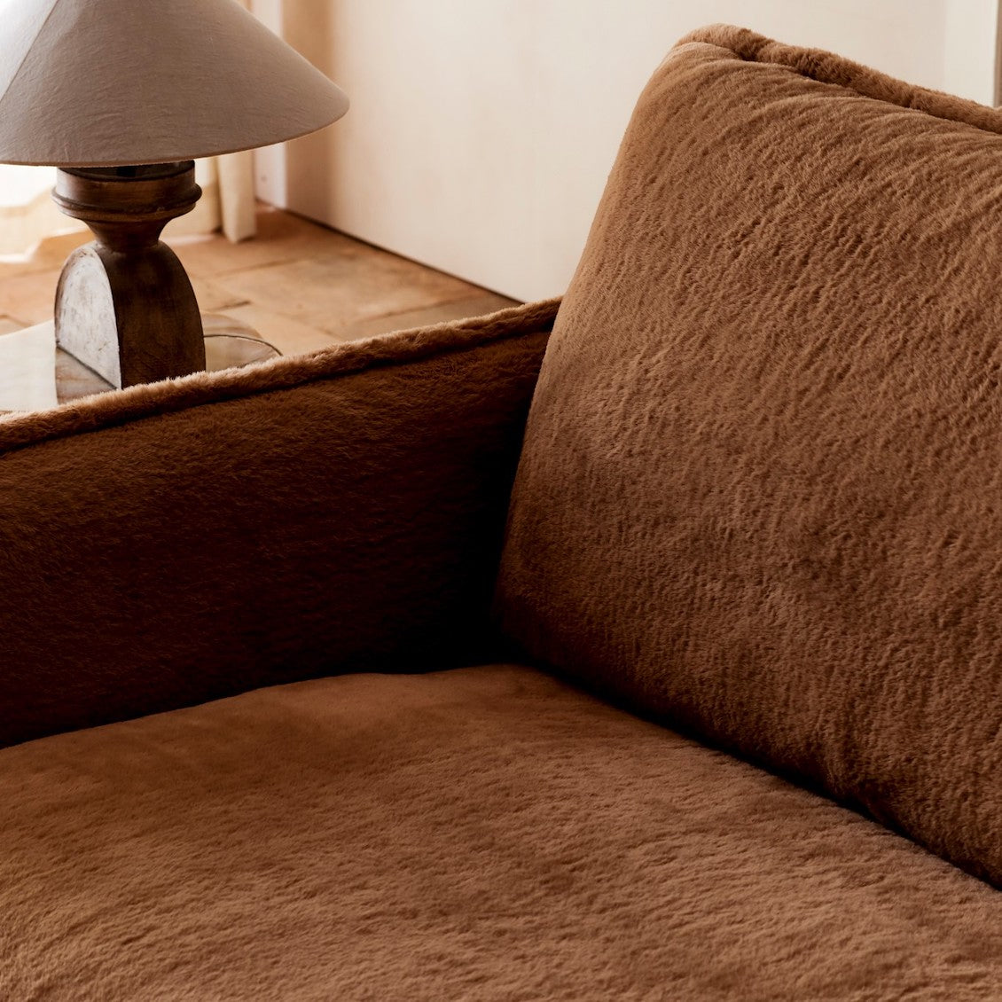 Close-up of the Neva Sofa in Recycled Faux Fur, Kiwi Fuzz