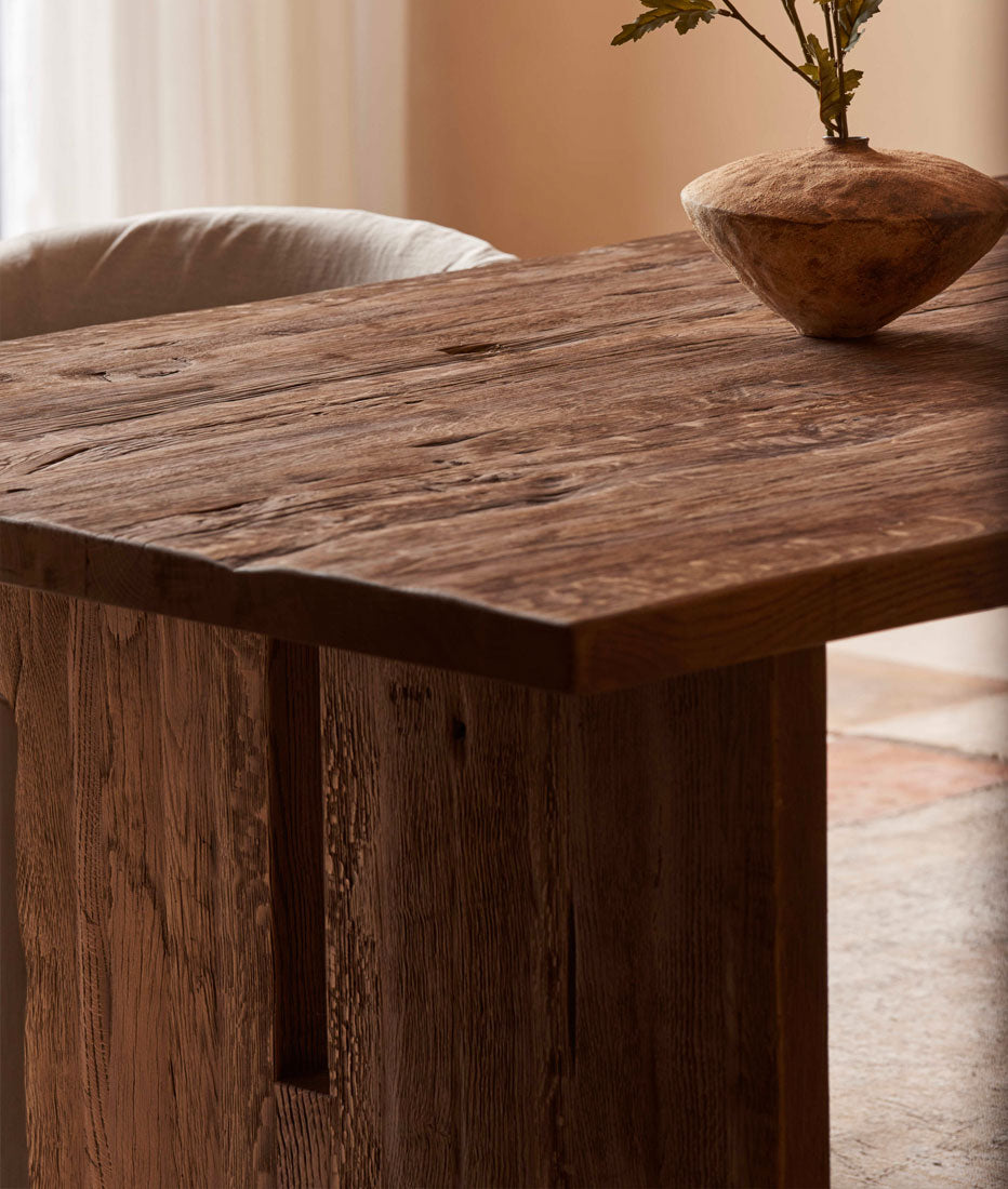 Close up of the Kai Dining Table in Heritage Oak
