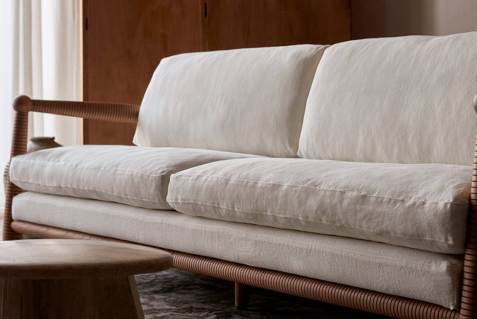 Gio Sofa in Water Lily, a white Light Weight Linen with warm undertones