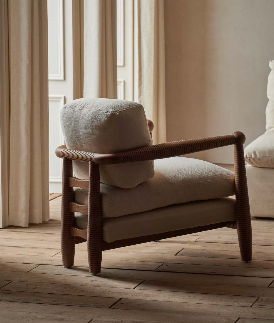 Gio Chair in Heritage Ash frame and Washed Cotton Linen Corn Silk cushions