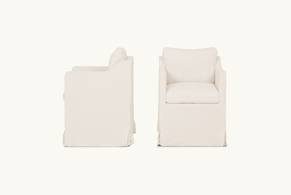 Front and side view of Amelia Dining Chair in Corn Silk, a light beige Washed Cotton Linen