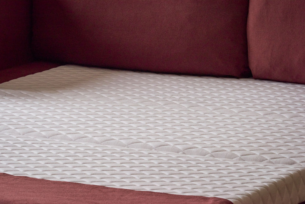 Close up of the mattress in the Amelia Sleeper Sofa in Thread Dyed Cotton Linen Summer Plum