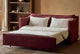 Slide #3 Amelia Sleeper Sofa in Summer Plum, a soft maroon Thread-Dyed Cotton Linen, pulled out and made up with white linen bedding