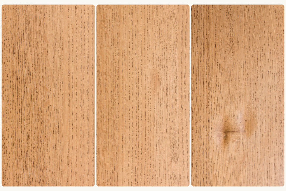 Three swatches of Tinted Oak wood, showing the graining pattern of the golden, wheat-colored 100% American red oak