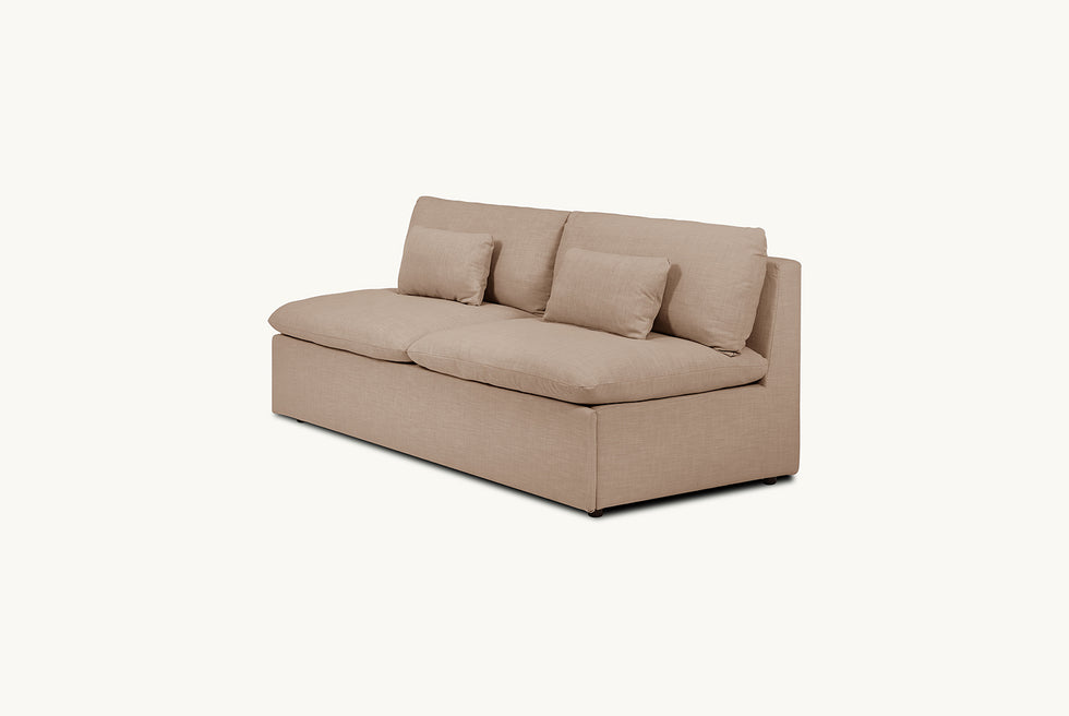 Angled view of Aria Queen Sleeper Sofa in Golden Reed, a sandy brown Recycled Poly Linen