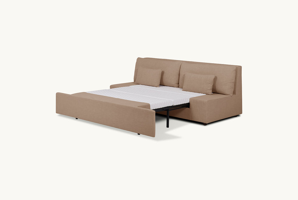 Angled view of Aria Queen Sleeper Sofa in Golden Reed, a sandy brown Recycled Poly Linen, pulled ouit with no bed linens
