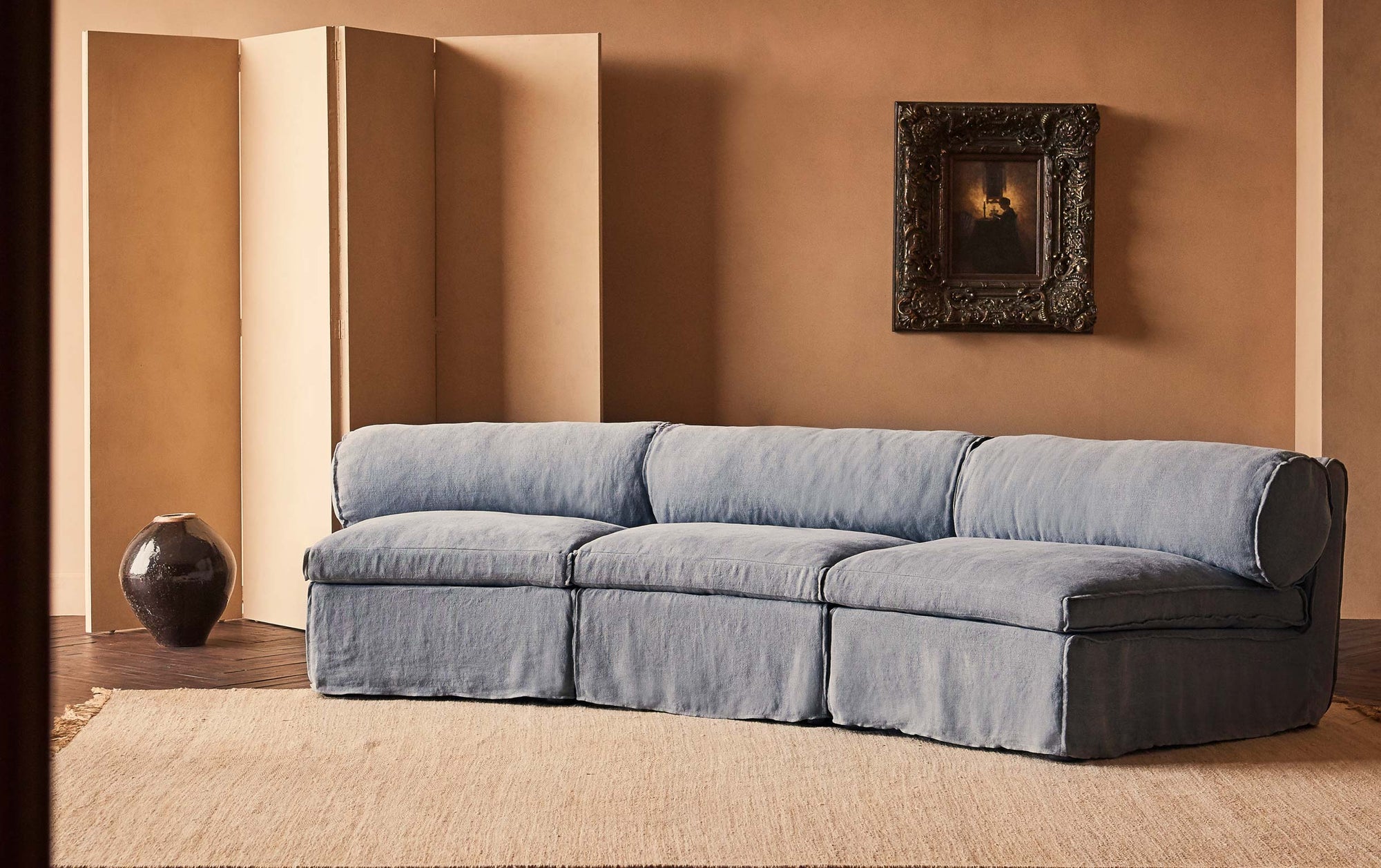 Camino Sectional Sofa, 3-piece in Ink Cap, a medium cool grey Light Weight Linen