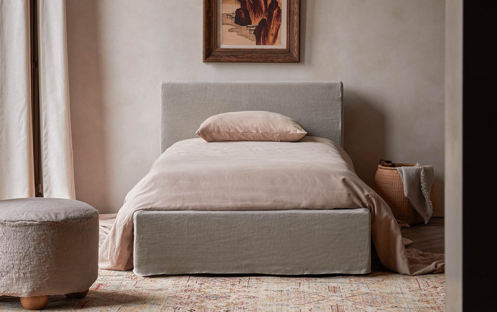 Devyn Bed in Jasmine Rice, a light warm greige Medium Weight Linen