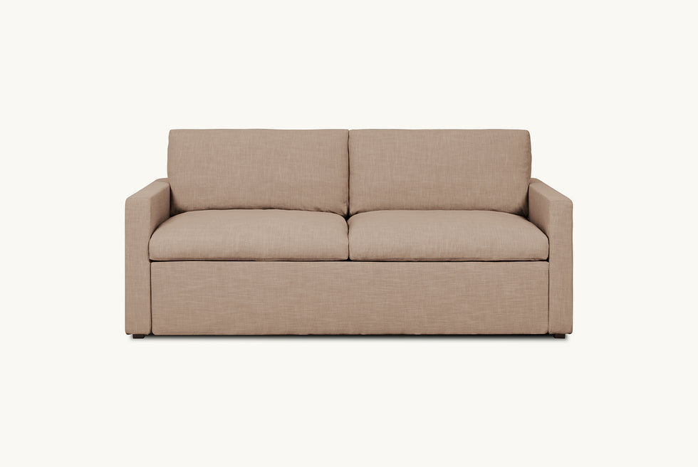 Front view of Devyn Queen Sleeper Sofa in Golden Reed, a sandy brown Recycled Poly Linen