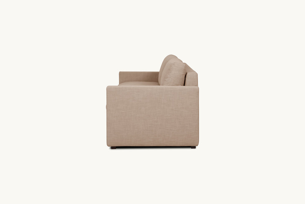 Side view of Devyn Queen Sleeper Sofa in Golden Reed, a sandy brown Recycled Poly Linen
