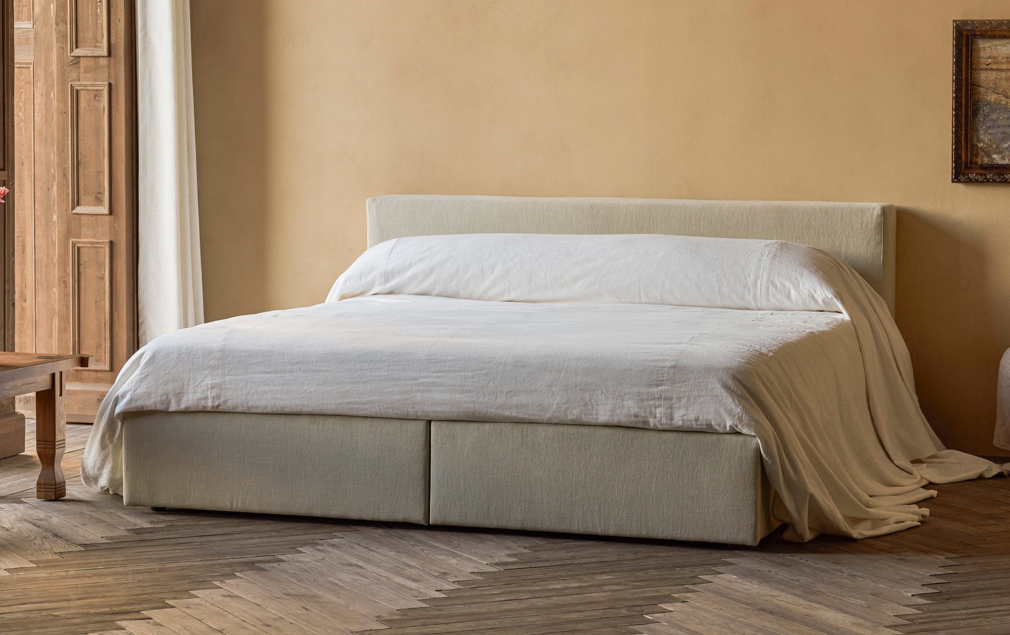 Devyn Storage Bed in Warm Oatmeal, a light warm beige Medium Weight Linen