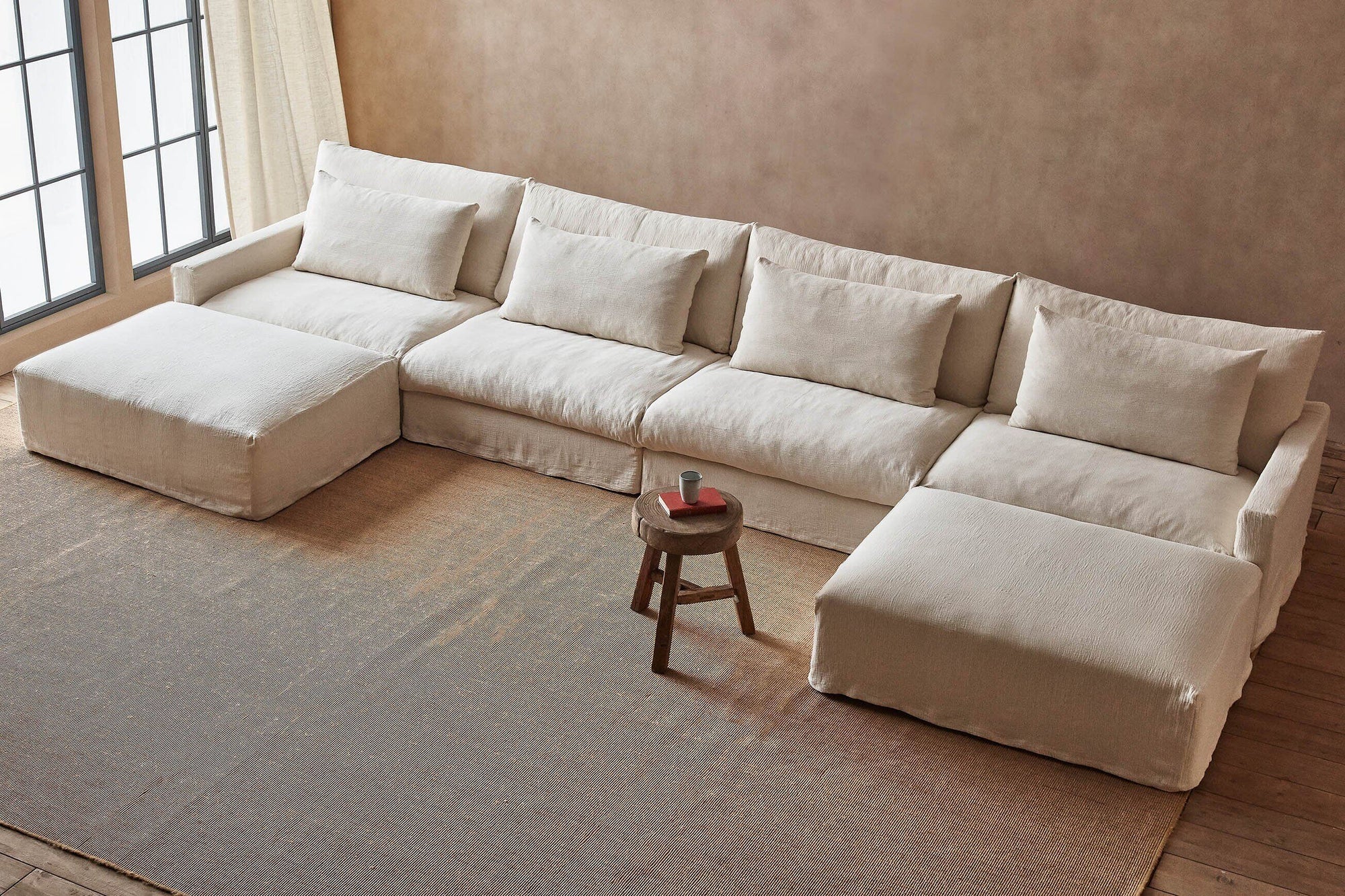 Devyn U-Shape Sectional Sofa in Corn Silk, a light beige Washed Cotton Linen