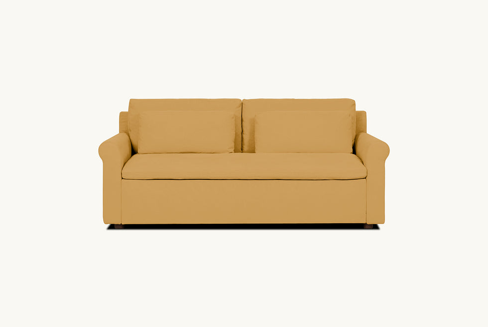 Elias Sleeper Sofa in Honey Bee, a saffron yellow Thread-Dyed Cotton Linen in a closed state