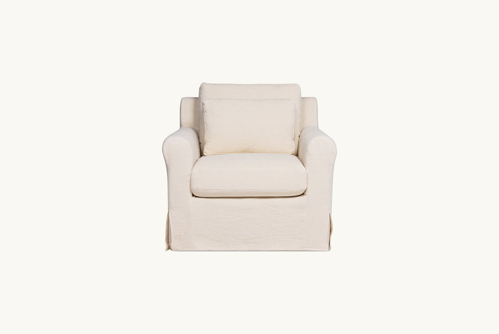 Front view of Elias Swivel Chair in Corn Silk, a light beige Washed Cotton Linen
