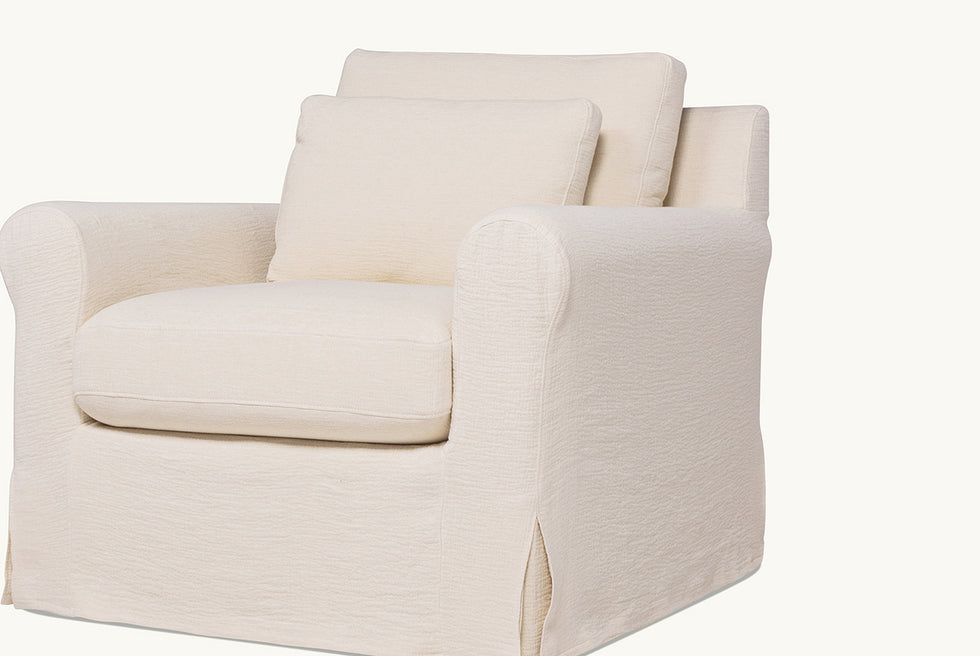 Close up view of Elias Swivel Chair in Corn Silk, a light beige Washed Cotton Linen