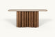Slide #2 Front view of Enzo Console Table in Turkish Galata Travertine in a warm beige with gold and pink undertones. Various veining, color variations, and pitting throughout. Table base made from 100% Reclaimed Chinese Pine.