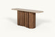 Slide #3 Angled view of Enzo Console Table in Turkish Galata Travertine in a warm beige with gold and pink undertones. Various veining, color variations, and pitting throughout. Table base made from 100% Reclaimed Chinese Pine.