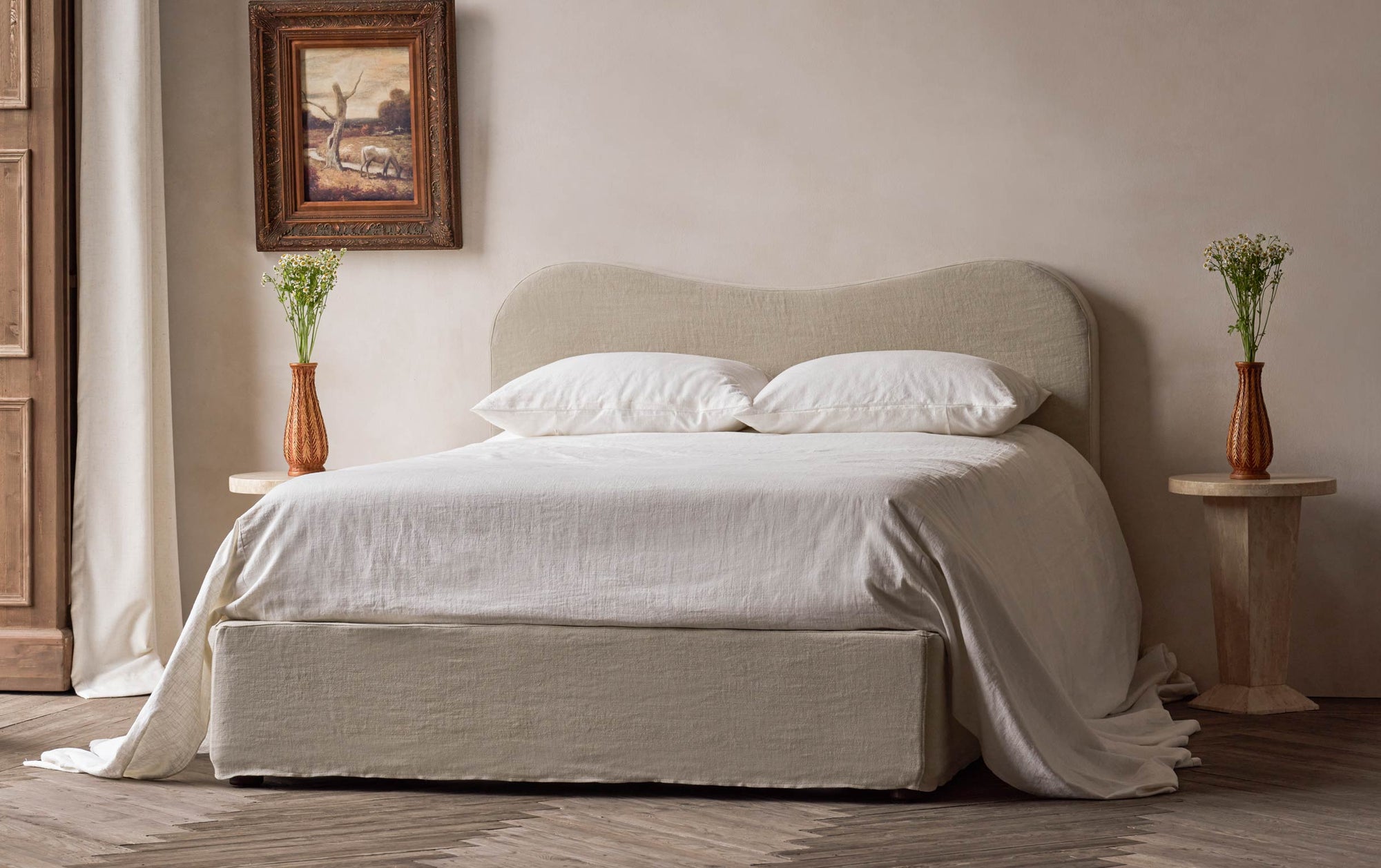 Esmé Bed in Warm Oatmeal, a light warm beige Medium Weight Linen