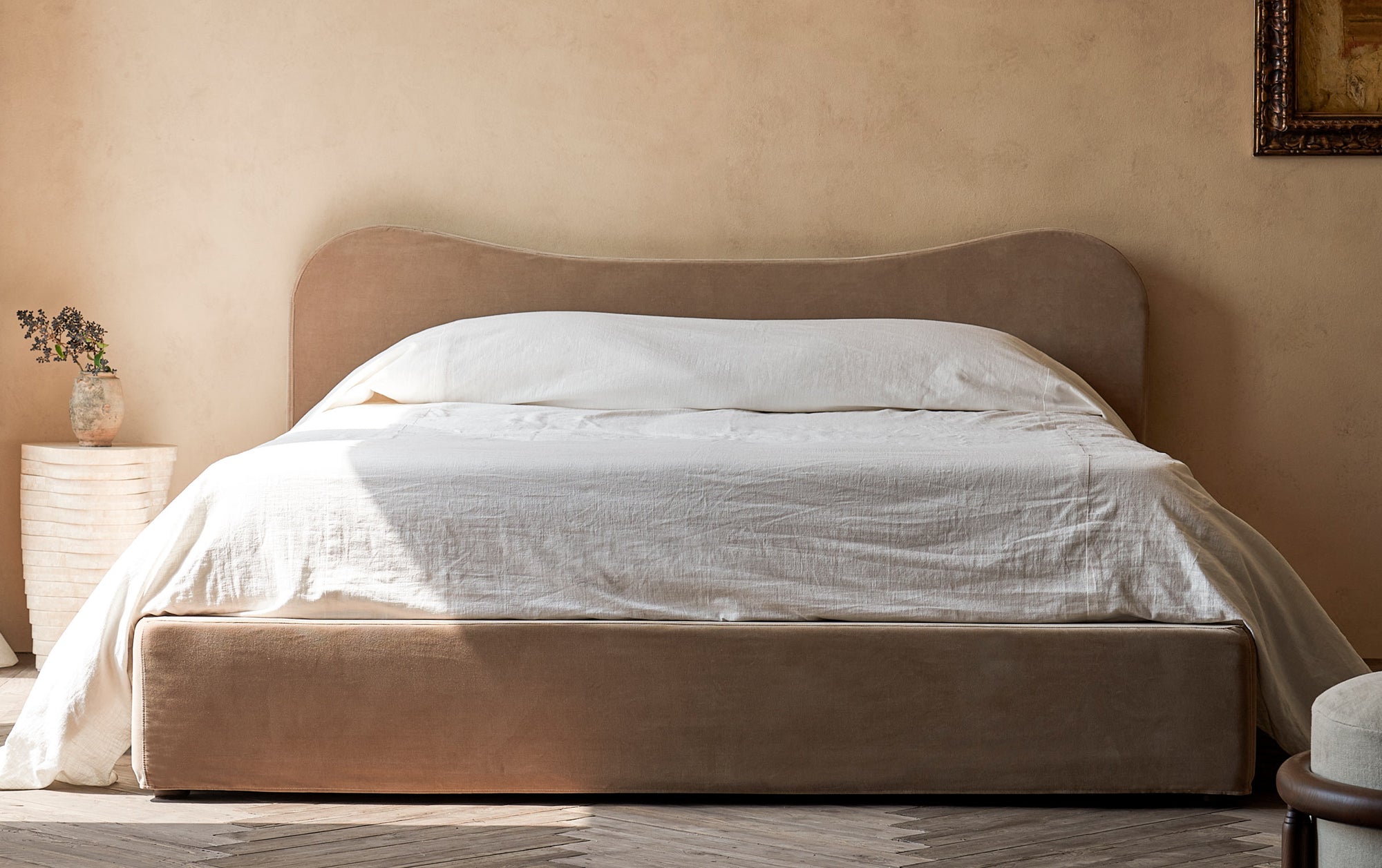 Esmé California King Bed in Daily Bread, a warm, golden brown Washed Cotton Velvet