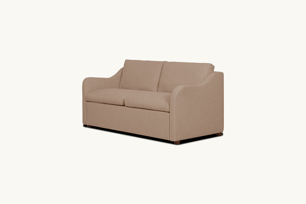 Angled view of the Esmé Sleeper Sofa in Golden Reed, a sandy brown Recycled Poly Linen in a closed state