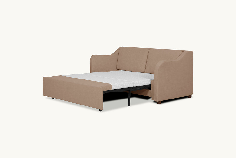 A view of the Esmé Full Sleeper Sofa in Golden Reed, a sandy brown Recycled Poly Linen with the mattress pulled out