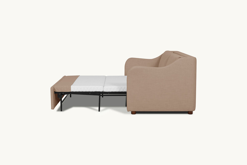 Side view of the Esmé Full Sleeper Sofa in Golden Reed, a sandy brown Recycled Poly Linen with the mattress pulled out