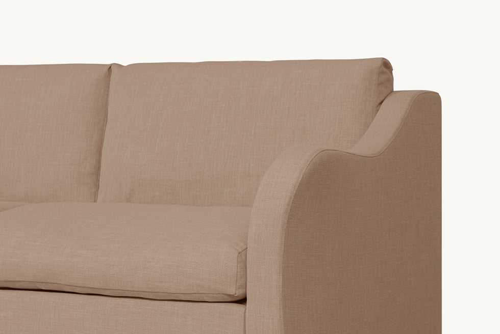 close up view of the Esmé Full Sleeper Sofa in Golden Reed, a sandy brown Recycled Poly Linen