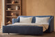 Slide #3 Esmé Sleeper Sofa in Garden Berry, a berry blue Thread-Dyed Cotton Linen, pulled out and made up with white linen bedding