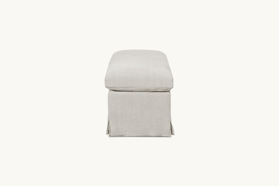 Side view of Esmé Storage Bench in Jasmine Rice, a light warm greige Medium Weight Linen
